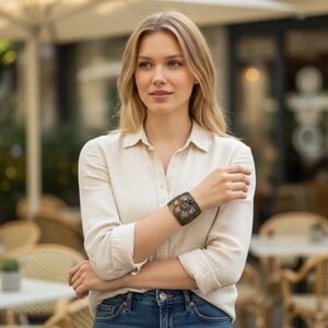 A.V. Max NYC Statement Cuff Bracelet Hammered Brass Agate Rhinestone Flower